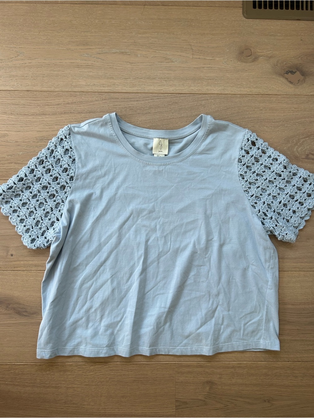 Dusty Blue Cotton Top Crochet Sleeves Cottagecore
